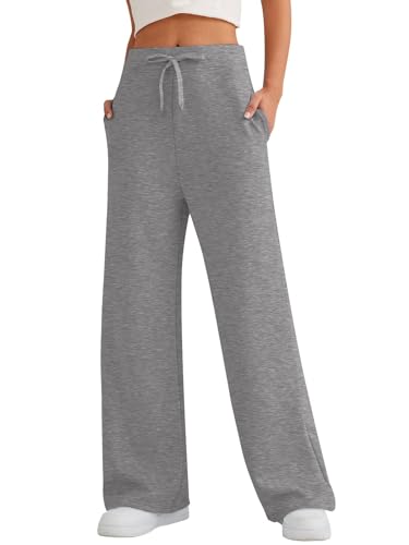 Yunmlep Jogginghose Damen Baumwolle Freizeithose High Waist Trainingshose Sporthose Lang Bequem Hose Weites Bein mit Taschen (Dunkelgrau-1, XL) von Yunmlep