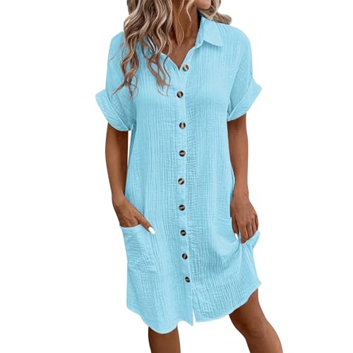Musselin Kleid Damen Sommerkleid Mit Taschen Blusenkleid Strandkleid Kleid Mit Knopfleiste Kurzarm Locker A-Linie Sommerkleid Blusenkleid Einfarbig Elegant Midikleid Knielang Strand Hemdkleid von Yunshenla