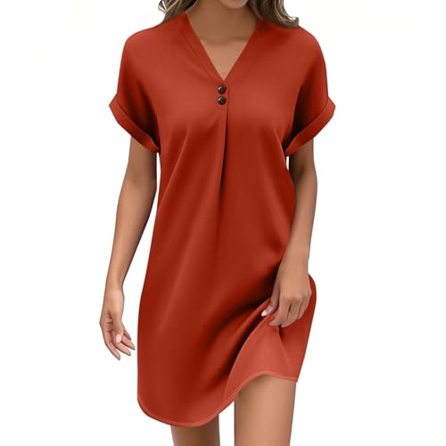 Sommerkleid Damen Kleider Musselin, Falten Sommerkleider Leicht Und Luftig Große Größen Strandkleider Blusenkleid Locker Midikleid Pulloverkleid V-Ausschnitt Freizeitkleid Knopf Dress von Yunshenla