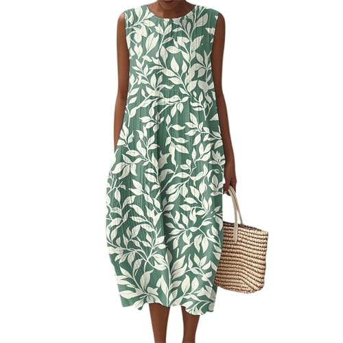 leinenkleider damen sommer, Musselin Kleid Damen Sommer Ärmellos Strandkleid Leinen Sommerkleid Rundhals Leinenkleid Vintage Blumendruck Freizeitkleid Leicht Locker Luftig Midikleid mit Taschen von Yunshenla