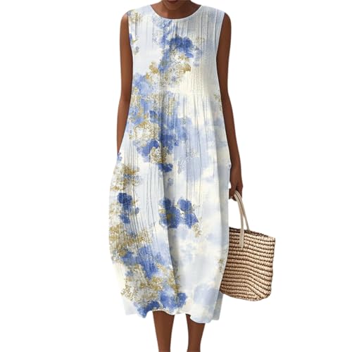 leinenkleider damen sommer, Musselin Kleid Damen Sommer Ärmellos Strandkleid Leinen Sommerkleid Rundhals Leinenkleid Vintage Blumendruck Freizeitkleid Leicht Locker Luftig Midikleid mit Taschen von Yunshenla