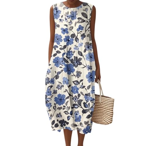 leinenkleider damen sommer, Musselin Kleid Damen Sommer Ärmellos Strandkleid Leinen Sommerkleid Rundhals Leinenkleid Vintage Blumendruck Freizeitkleid Leicht Locker Luftig Midikleid mit Taschen von Yunshenla