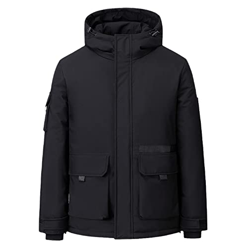 Herren-Daunenjacke, Fleece, dick, lässig, Parkas, Kapuze, winddicht, einfarbig, weiße Entendaunen, schwarz, X-Large von Yuntanu