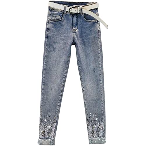 Yuntanu Damen Skinny Jeans mit Pailletten, Strass, hohe Taille, schmale Passform, Stretch, Bleistift, Cropped Denim-Hose, Ohne Gürtel, Mittel von Yuntanu