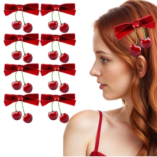 Yunxiao88 Haarspangen mit Kirschschleife, bezaubernde rote Kirsch-Haarnadeln mit weinroter Samtschleife für trendige Pferdeschwanz-Haarspangen, süße Obst-Dekoration für Teenager, Mädchen, Frauen, 8 von Yunxiao88
