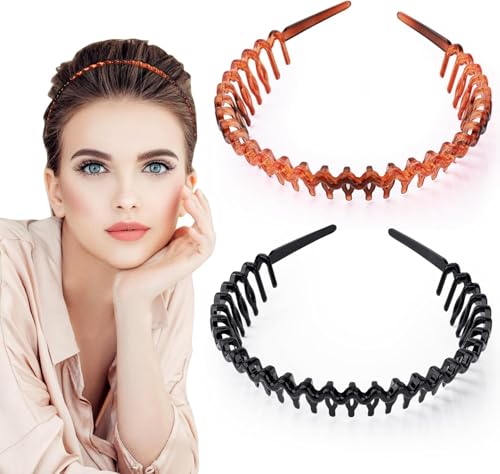 Yunxiao88 Zahn-Stirnband für Damen und Mädchen, 2 Stück, Zickzack-Stirnband, Kunststoff-Haarbänder, gewellter Haarkamm, Haarreif, flexibler Haarschmuck (Schwarz/Braun) von Yunxiao88