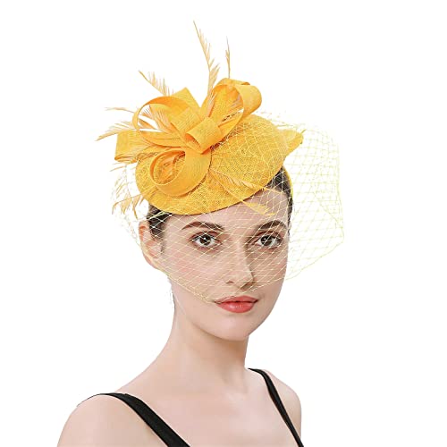 1920er Accessoires Damen 20er Stirnband Damen Hüte für Damen Fascinators Damen Pillbox Blumenhut für Tea Party Cocktail Hochzeit Kirche Gatsby Accessoires Damen (Yellow, One Size) von Yunyahe