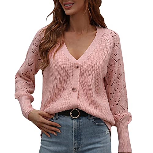 Strickjacke Damen Pullover Damen Winter Frauen Casual Solide Hohl Häkeln Pullover Strickjacke V-Ausschnitt Knopf Lose Langarm Mantel Top Sweatshirt Mit (Pink, M) von Yunyahe