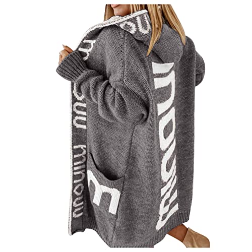 Yunyahe Strickjacke Damen Pullover Damen Winter Damen Strickjacke mit Buchstabenmuster, knopfloser Hoodie, lässige, lockere Pulloverjacke Cardigan Damen Glitzer (Grey, XL) von Yunyahe