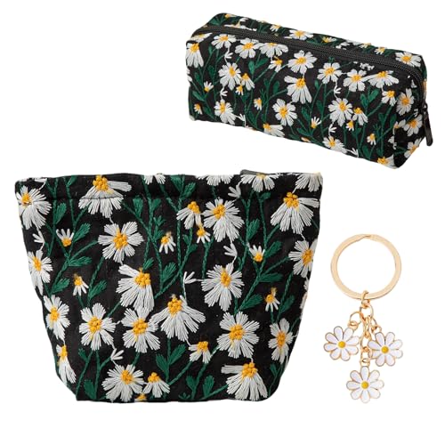 Yuqilin 2 Stück Kosmetiktasche Klein mit Schlüsselanhänger Schminktasche Klein Gänseblümchen-Stickerei Makeup Bag Polyestergewebe Kosmetiktasche Damen Reißverschluss für Wochenendausflüge(Schwarz) von Yuqilin
