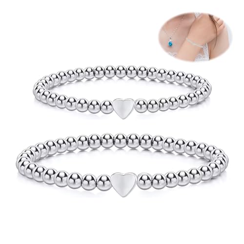 Yuqilin 2 Stücke Herz Armband Elastizität Kugelarmband Set Damen Armband Freundschaftsarmband Damen Mutter Tochter Elastisch,für Mädchen Paar Mutter und Tochter(Silber) von Yuqilin