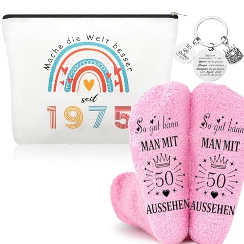 Yuqilin 3-Teiliges Set Geschenk 50 Geburtstag Frau 1975 Kosmetiktasche + 1 Paar Lustig Socken +1 Anhänger 50. Geburtstag Frau für Mutter Freundin Ehefrau Schwester Beste Freundin Kollegin (1975) von Yuqilin