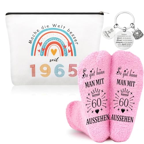 Yuqilin 3-Teiliges Set Geschenk 60 Geburtstag Frau 1965 Kosmetiktasche + 1 Paar Lustig Socken +1 Anhänger 60. Geburtstag Frau für Mutter Freundin Ehefrau Schwester Beste Freundin Kollegin (1965) von Yuqilin