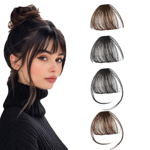 4 Stück Pony Haarteil, atürlichem Clip on Bangs Extensions, Clip in Haarverlängerungen für Frauen, Fake Bangs in Haarteile mit Koteletten, Clips on Air Französischer Pony (Schwarz, Hellbraun) von Yuqilin