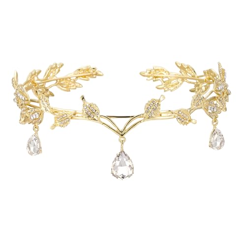 Yuqilin Prinzessin Crystal Crown,Göttin Tiara Elfenkrone Elfen Kopfschmuck Blatt Crystal Crown Elfe Cosplay Fee Kostüm Damen Haarreif Diadem,für Cosplay Renaissance Braut Brautjungfern（Gold） von Yuqilin