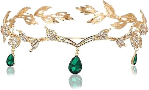 Yuqilin Prinzessin Crystal Crown,Göttin Tiara Elfenkrone Elfen Kopfschmuck Blatt Crystal Crown Elfe Cosplay Fee Kostüm Damen Haarreif Diadem,für Cosplay Renaissance Braut Brautjungfern（Grün） von Yuqilin