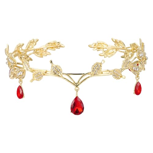 Yuqilin Prinzessin Crystal Crown,Göttin Tiara Elfenkrone Elfen Kopfschmuck Blatt Crystal Crown Elfe Cosplay Fee Kostüm Damen Haarreif Diadem,für Cosplay Renaissance Braut Brautjungfern（Rot） von Yuqilin