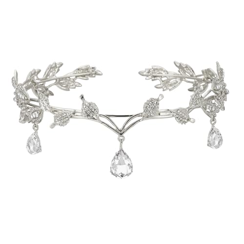 Yuqilin Prinzessin Crystal Crown,Göttin Tiara Elfenkrone Elfen Kopfschmuck Blatt Crystal Crown Elfe Cosplay Fee Kostüm Damen Haarreif Diadem,für Cosplay Renaissance Braut Brautjungfern（Silber） von Yuqilin