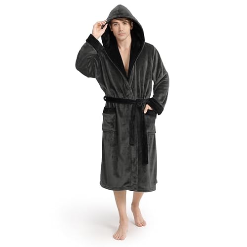 Yurhap Herren-Bademantel aus Fleece mit Kapuze, Dunkelgrau und Schwarz, Large-X-Large von Yurhap
