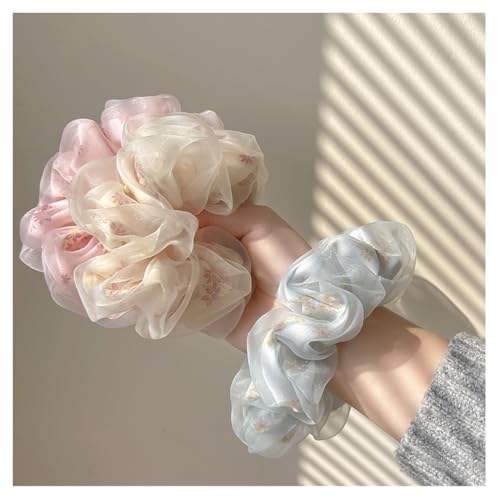Yurosiay 3 Stücke Groß Haargummi Tüll aus Organza Scrunchies Pferdeschwanz Halter Hairband Elastische Haarbänder Haarschmuck für Damen Frauen Mädchen,Rosa + Beige + Blau von Yurosiay
