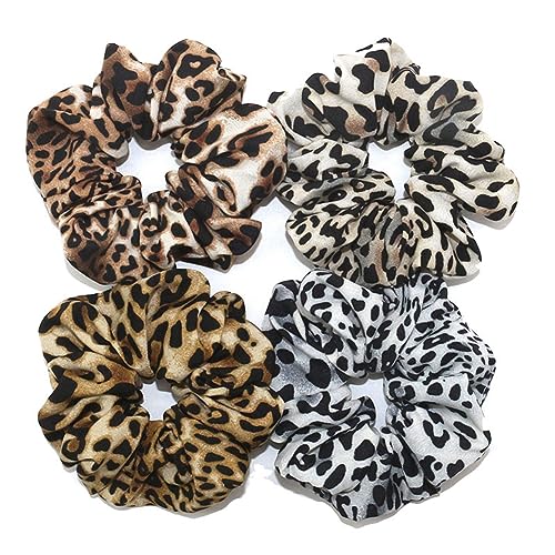 Yurosiay 4 Stück Damen Leopard Scrunchie Haargummi Elastische Stoff Haargummis Bunt Leopardenmuster Scrunchies Leopard Haarbänder Pferdeschwanz Halter Leopard Haarschmuck für Frauen und Mädchen von Yurosiay