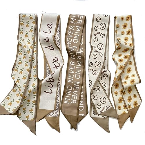 Yurosiay 5 Stück Seidenschal Haarband Damen Vintage Blumenmuster Simulierter Seiden Stirnband Französischer Haarband Schal Schmal Seidenschal Seidentücher Satin Halstuch Handtaschen Schal Khaki von Yurosiay