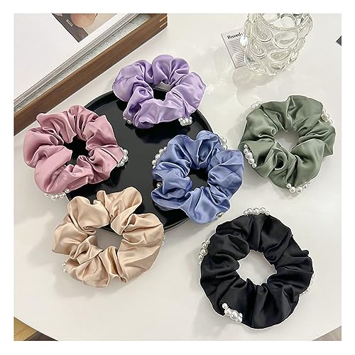 Yurosiay 6 Stück Satin Haargummi Scrunchie Vintage Französische Perlen Haargummi Satin Groß Haargummis Elegant Gewellte Scrunchie Satin Weiche Elastische Zopfgummis für Frauen Mädchen Bunt von Yurosiay