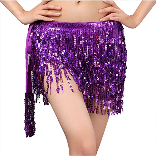 Yurosiay Bauchtanz Rock Damen Pailletten Quaste Rock 4 Reihen Pailletten Hüftschal Bauchtanz Fransen Hüfttuch Kurz Fransen Wrap Pailettenrock für Damen Rave Rock Halloween Club Dunkellila M von Yurosiay