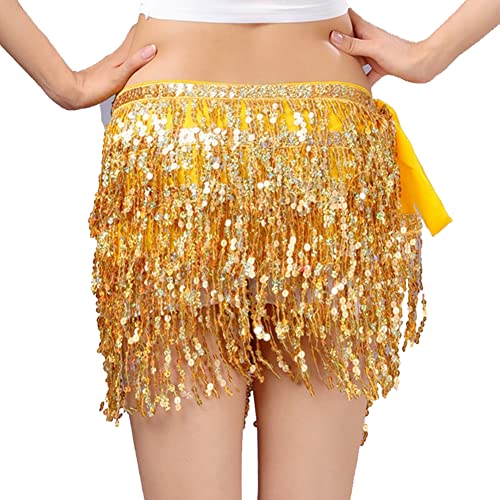 Yurosiay Bauchtanz Rock Damen Pailletten Quaste Rock 4 Reihen Pailletten Hüftschal Bauchtanz Fransen Hüfttuch Kurz Fransen Wrap Pailettenrock für Damen Rave Rock Halloween Club Gold M von Yurosiay