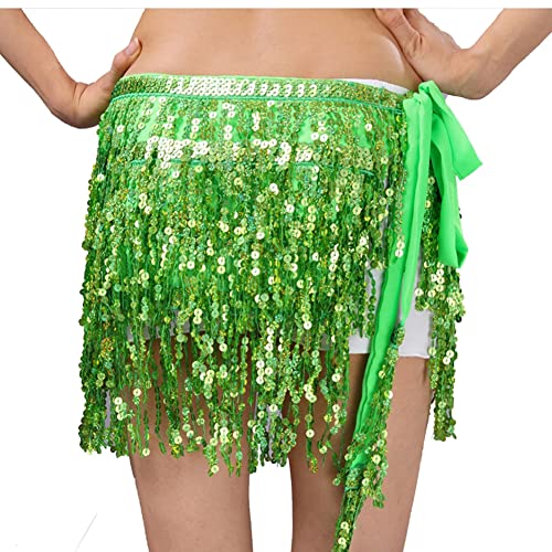 Yurosiay Bauchtanz Rock Damen Pailletten Quaste Rock 4 Reihen Pailletten Hüftschal Bauchtanz Fransen Hüfttuch Kurz Fransen Wrap Pailettenrock für Damen Rave Rock Halloween Club Hellgrün M von Yurosiay