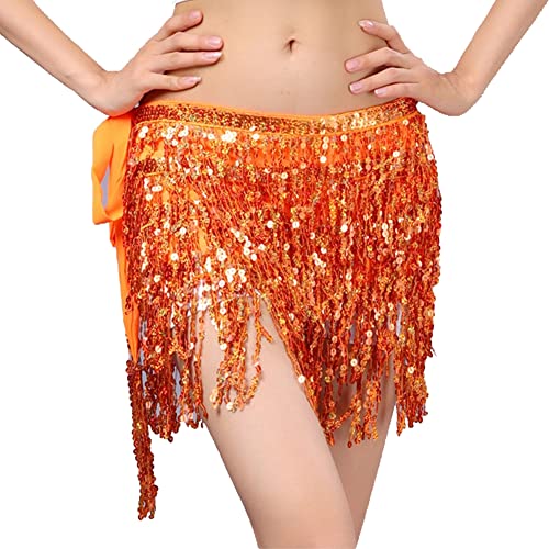 Yurosiay Bauchtanz Rock Damen Pailletten Quaste Rock 4 Reihen Pailletten Hüftschal Bauchtanz Fransen Hüfttuch Kurz Fransen Wrap Pailettenrock für Damen Rave Rock Halloween Club Orange M von Yurosiay