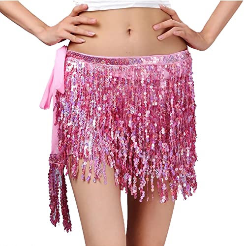 Yurosiay Bauchtanz Rock Damen Pailletten Quaste Rock 4 Reihen Pailletten Hüftschal Bauchtanz Fransen Hüfttuch Kurz Fransen Wrap Pailettenrock für Damen Rave Rock Halloween Club Rosa M von Yurosiay