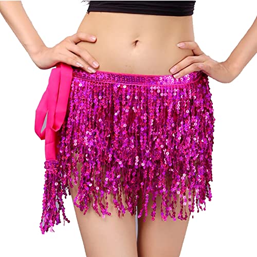 Yurosiay Bauchtanz Rock Damen Pailletten Quaste Rock 4 Reihen Pailletten Hüftschal Bauchtanz Fransen Hüfttuch Kurz Fransen Wrap Pailettenrock für Damen Rave Rock Halloween Club Rosarot M von Yurosiay