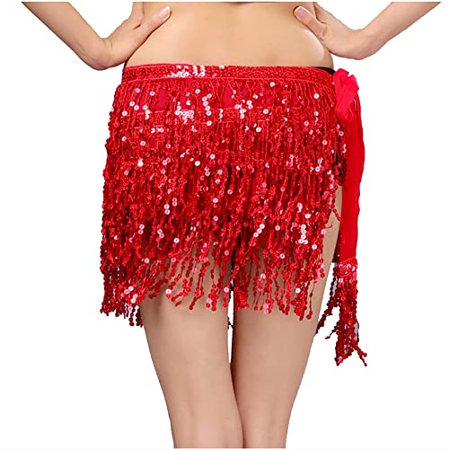 Yurosiay Bauchtanz Rock Damen Pailletten Quaste Rock 4 Reihen Pailletten Hüftschal Bauchtanz Fransen Hüfttuch Kurz Fransen Wrap Pailettenrock für Damen Rave Rock Halloween Club Rot M von Yurosiay