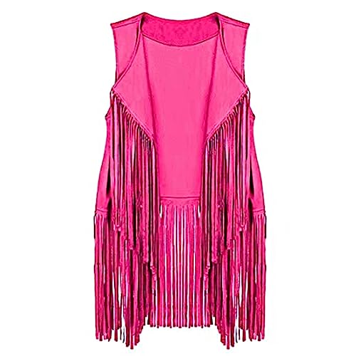 Yurosiay Damen Faux Wildleder Weste Mit Fransen Ethnischen Stil Cardigan Fransen Damen Fransenweste Cowboy Vintage Ärmellose Weste Fransen Lang Biker Weste Strickjacke Fransen Rosarot M von Yurosiay