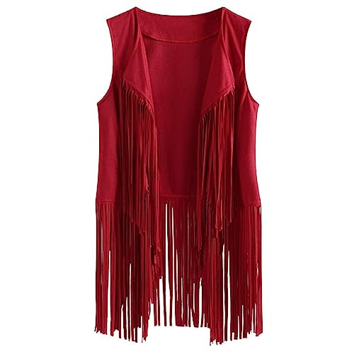 Yurosiay Damen Faux Wildleder Weste Mit Fransen Ethnischen Stil Cardigan Fransen Damen Fransenweste Cowboy Vintage Ärmellose Weste Fransen Lang Biker Weste Strickjacke Fransen Rot XL von Yurosiay