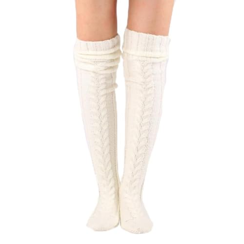 Yurosiay Damen Lang Gestrickte Kniestrümpfe Winter Warmer Strick Overknee Strümpfe Extra lang Gestrickte Socken Niedliche Einfarbige Oberschenkel Strümpfe für Damen und Mädchen Weiße 105cm von Yurosiay