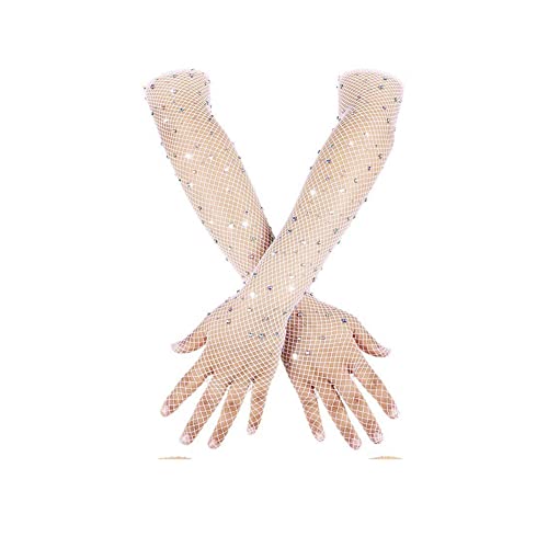 Yurosiay Damen Lang Netzhandschuhe Strass Handschuhe Mesh Handschuhe Fischnetz Handschuhe Mit Glänzende Strass Mode Handschuhe Opera Glitzer Party Handschuhe für Themenparty Bar Weiße von Yurosiay