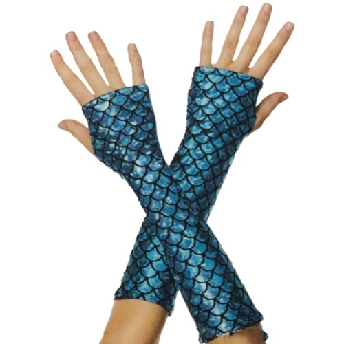 Yurosiay Damen Meerjungfrau Handschuhe Bunt Schuppenmuster Fingerlose Handschuhe Fischschuppen Bedruckt Armstulpen Fingerlos Cosplay Party Handschuhe für Karneval Party Halloween Tanzen Blau von Yurosiay