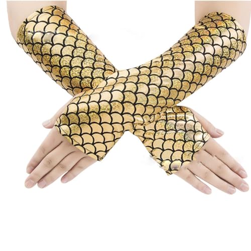 Yurosiay Damen Meerjungfrau Handschuhe Bunt Schuppenmuster Fingerlose Handschuhe Fischschuppen Bedruckt Armstulpen Fingerlos Cosplay Party Handschuhe für Karneval Party Halloween Tanzen Gold von Yurosiay
