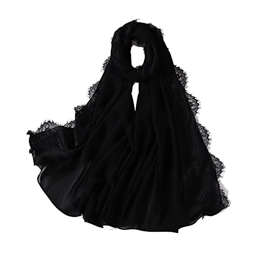 Yurosiay Damen Schal Stola Chiffon Kopftuch Mit Spitzen Leichte Weich Lange Halstücher Mode Elegant Head Wrap Scarf Chiffon Umhang Cape Damen Chiffon Schal für Ganzjährig 70×175cm Schwarz von Yurosiay