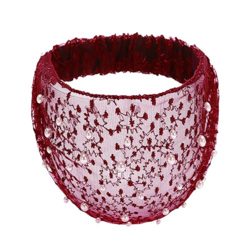 Yurosiay Damen Spitze Haarband Vintage Stickerei Spitze Stirnband Mit Perlen Hohles Blumen Elastisches Haarbände Elegant Perlen Stirnbänder Breite Haarschmuck Spitze für Frauen Mädchen Rotwein von Yurosiay