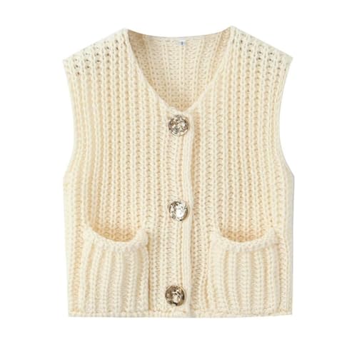 Yurosiay Häkelweste Damen Mädchen Ärmellos Strickweste Pullover Vorne Offen Knopf Ohne Arm Strickjacke KurzeGehäkelte Weste Mit 2 Taschen Dick Gestrickte Top für Herbst Winter Frühling Beige L von Yurosiay