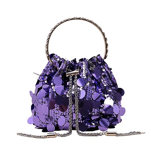 Yurosiay Pailletten Abendtasche Damen Mode Kordelzug Handtasche Mit Metallquaste Glitzer Pailletten Eimertasche Schultertasche Umhängetasche Glänzende Clutch Abendtasche Kettentasche Lila von Yurosiay