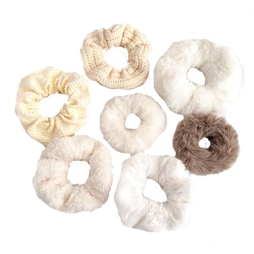 Yurosiay Plüsch Haargummi Scrunchie 7 Stück Damen Haargummi Kunstfell Pferdeschwanz Halter Weich Flauschig Haargummis Scrunchie Mädchen Elastische Haarbänder Seil Süße Plüsch Haarschmuck Weiße von Yurosiay