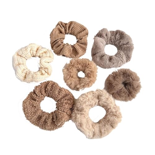 Yurosiay Plüsch Haargummi Scrunchie 7 Stück Damen Haargummi Kunstfell Pferdeschwanz Halter Weich Flauschig Haargummis Scrunchie Mädchen Elastische Haarbänder Seil Süße Plüsch Haarschmuck Kaffee von Yurosiay