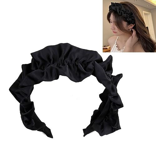 Yurosiay Schwarz Haarreifen Damen Französische Satin Plissiert Haarreif Vintage Rüschen Stirnbänder Rutschfest Hautpflege Haarreifen Einfarbig Plissee Haarreife Haarschmuck für Frauen Mädchen von Yurosiay