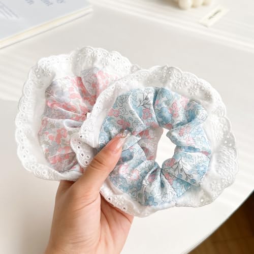 Yurosiay SpitzenHaargummi Crushed Blume Scrunchies Haarband Elastisch Spitze Lace Pferdeschwanzhalter Kinder Mädchen Frauen Haar Accessoires Haarschmuck Blau+Rosa von Yurosiay
