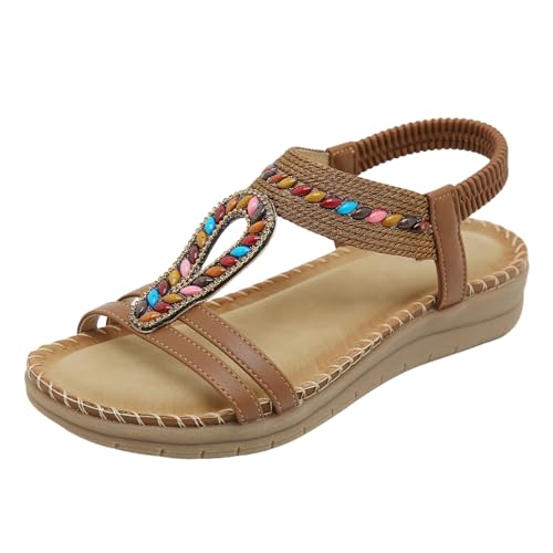 Yusealia Damen Sandalen Sommer Flach Sandalette Bohemia Strand Schuhe mit Strass Perlen Sommerschuhe Dicke Sohle Bequeme Weiche Fußbett Freizeit Damensandalen Große Größe von Yusealia