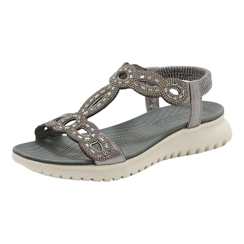 Yusealia Sandalen Damen Sommer Flache Sandalette Bohemia Sandals mit Strass Perlen Freizeit Frauen Strand Schuhe Sandale mit Weiche Fußbett Bequem Leichte Sommerschuhe Gr.35-42 von Yusealia